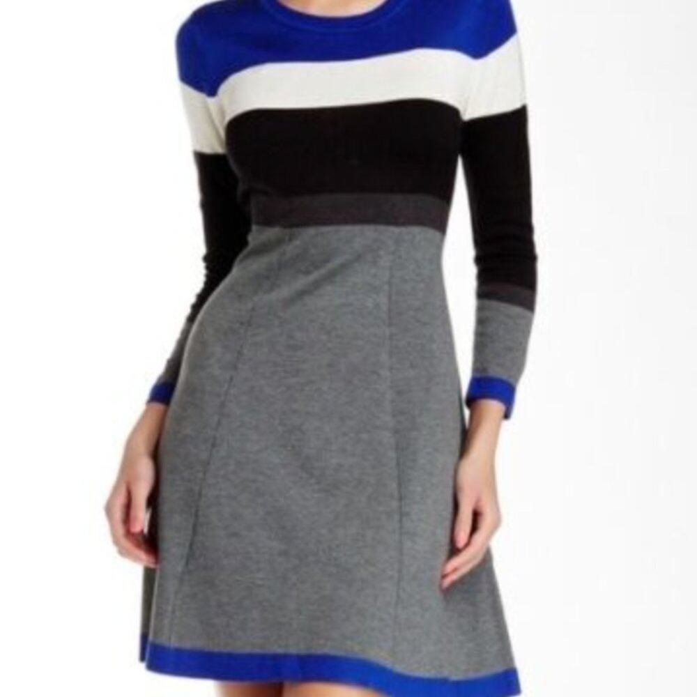 ELIZA J Womens Dress Small Striped Sweater Fit Flare Color Block Long Sleeves